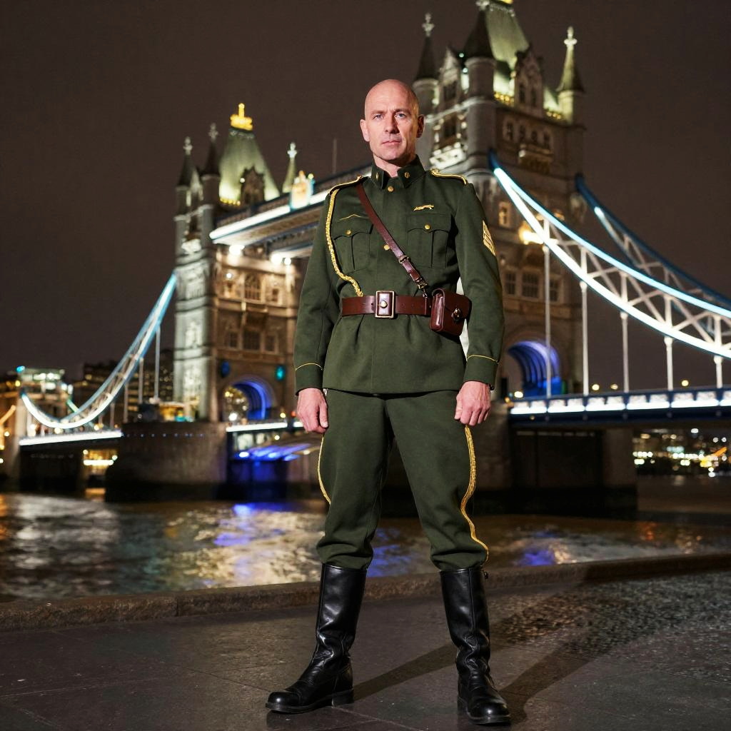 Man in Vintage Military Uniform by Tower Bridge at Night