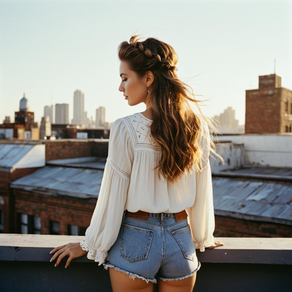 Young Woman on Rooftop in Bohemian Outfit with City Skyline at Sunset