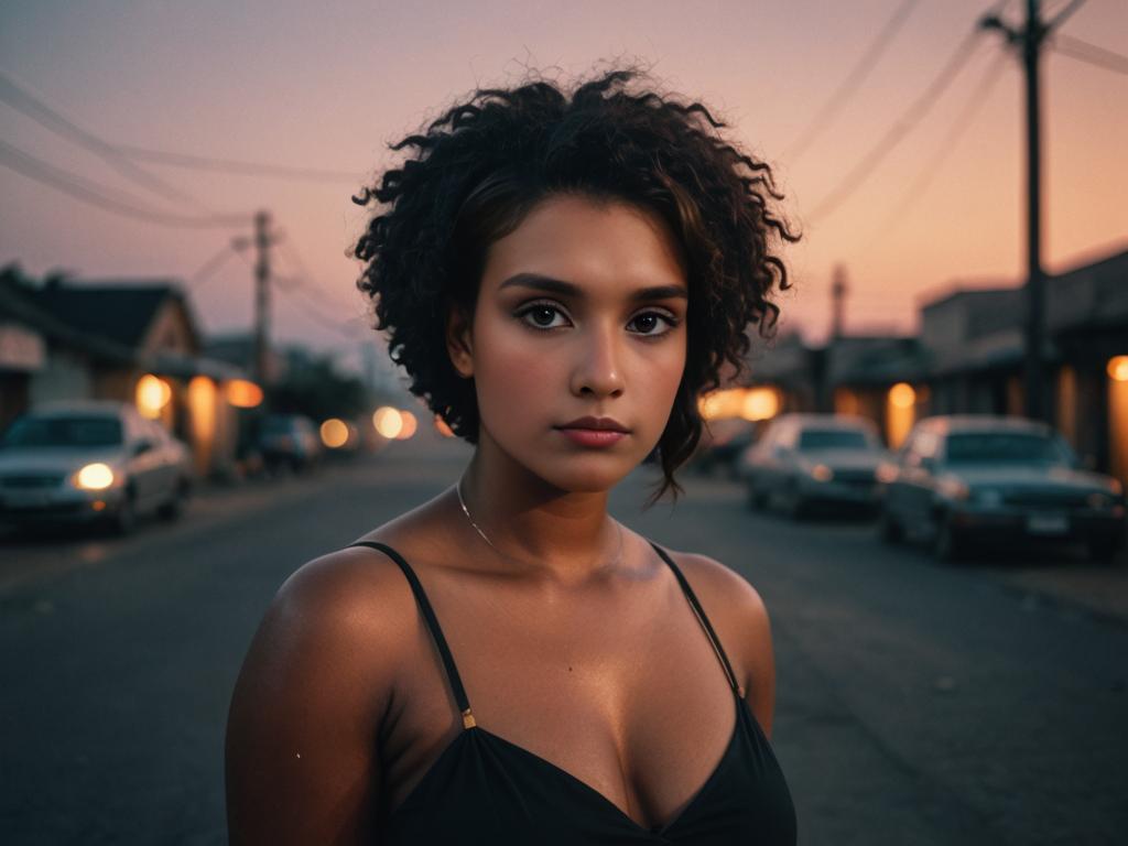 Striking portrait of a curvy black model in an urban backdrop