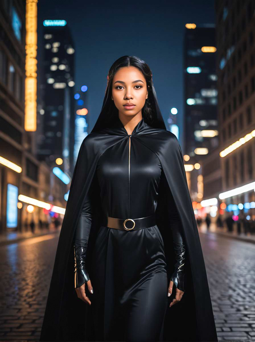 Striking Woman in Black Costume with Urban Backdrop