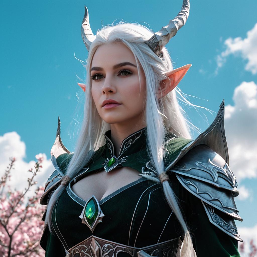 Fantasy Elf Woman in Silver Armor with Horns and Emeralds
