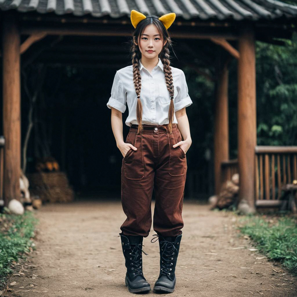 Confident Young Woman in Rustic Outfit
