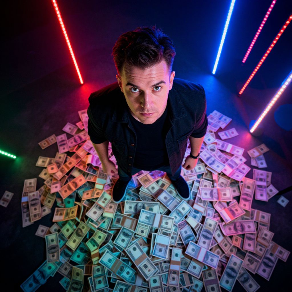 Man Surrounded by Cash Under Colorful Neon Lights
