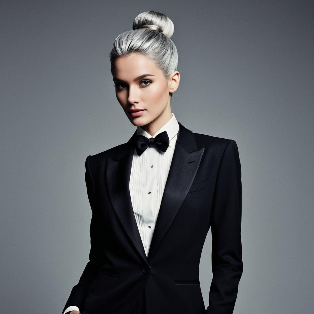 Elegant Woman in Black Tuxedo with Silver Hair and Bow Tie