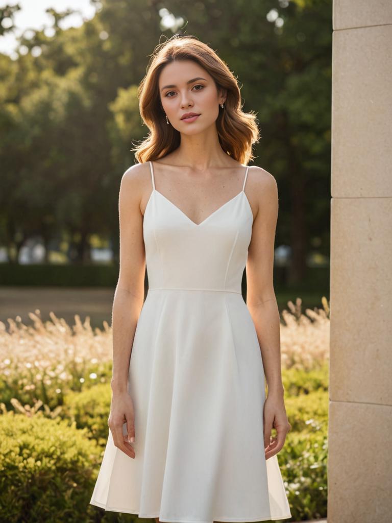 Elegant Woman in White Dress Outdoors