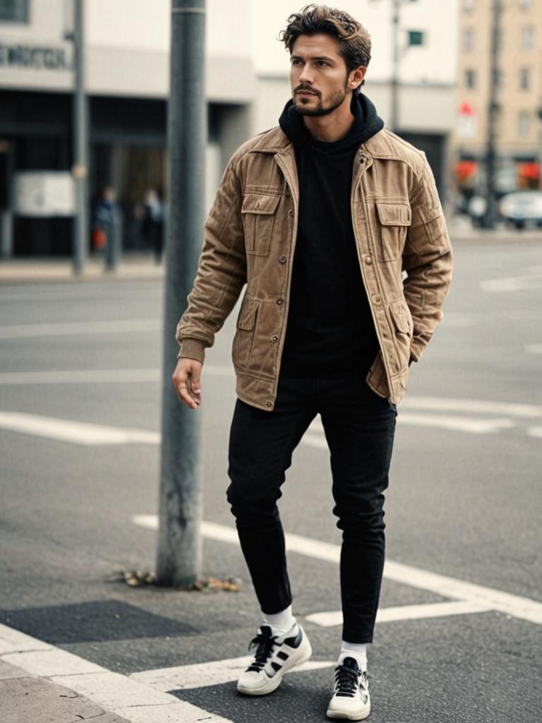 Man in Tan Jacket Walking on Urban Street