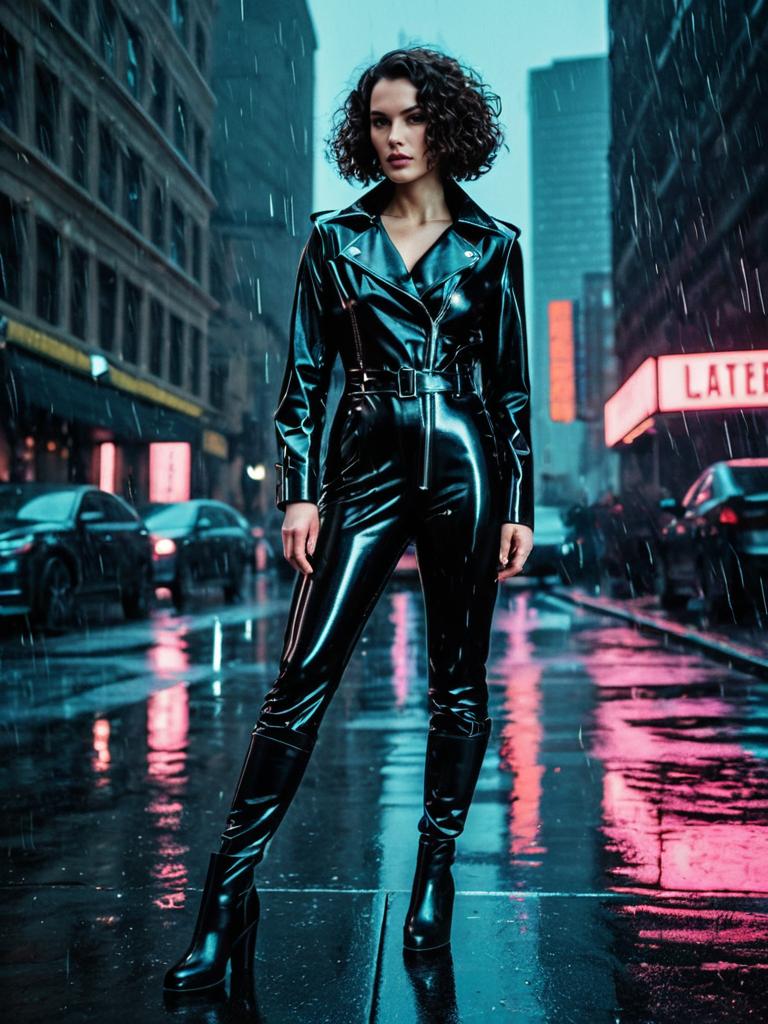 Woman in Black Leather Jumpsuit on Rainy City Street at Night
