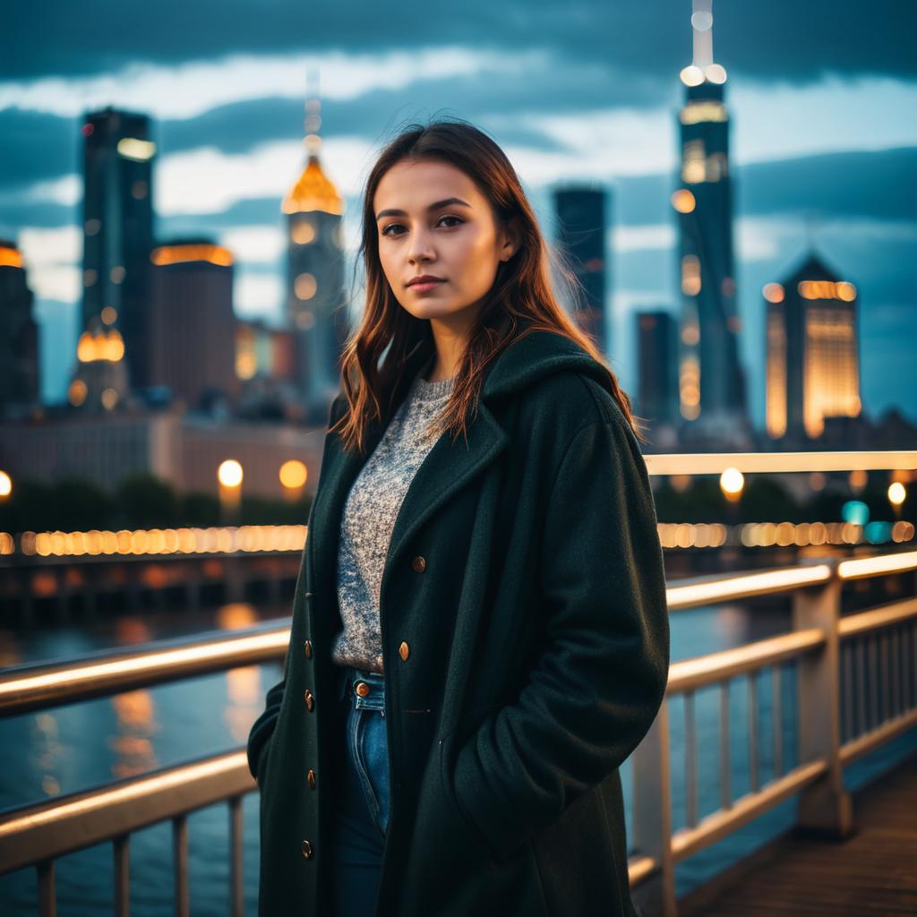 Confident Young Woman on City Bridge at Twilight with Urban Skyline