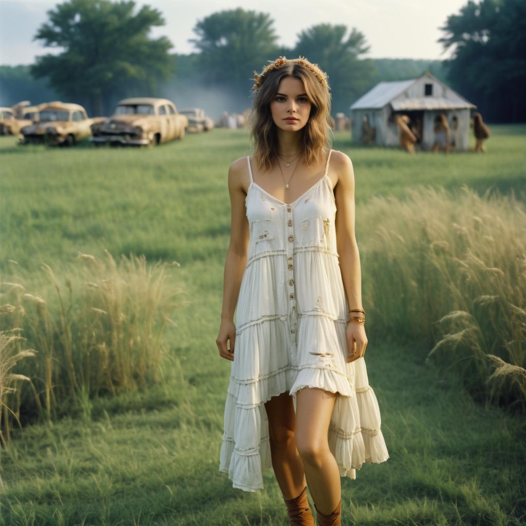 Young Woman in White Dress in Countryside