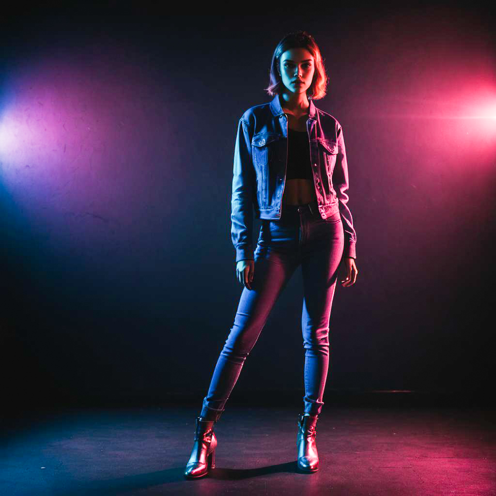 Stylish Woman in Denim Against Purple and Pink Lights