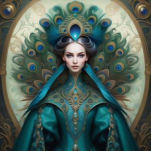 Regal Woman in Teal Gown with Peacock Feathers