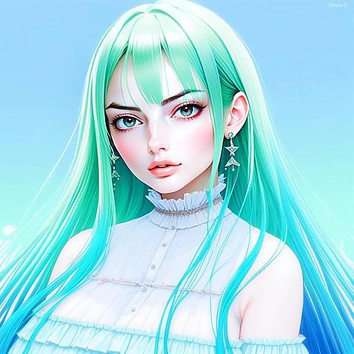 Anime Portrait of Woman with Mint Green Hair and White Ruffled Blouse