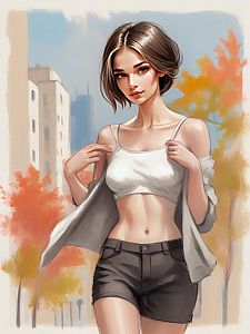 Confident Young Woman in Autumn Cityscape