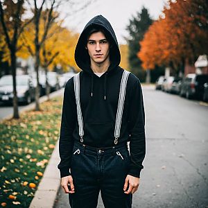 Confident Young Man in Autumn on Suburban Street