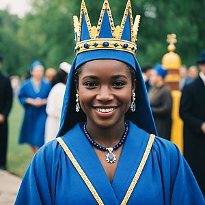 Young Woman in Royal Blue Costume with Crown