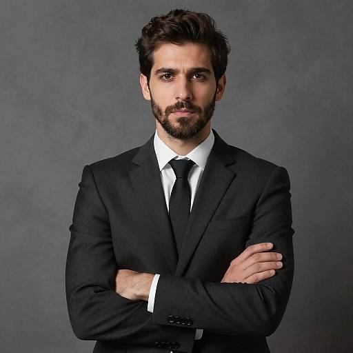 Confident Young Man in Black Suit with Arms Crossed