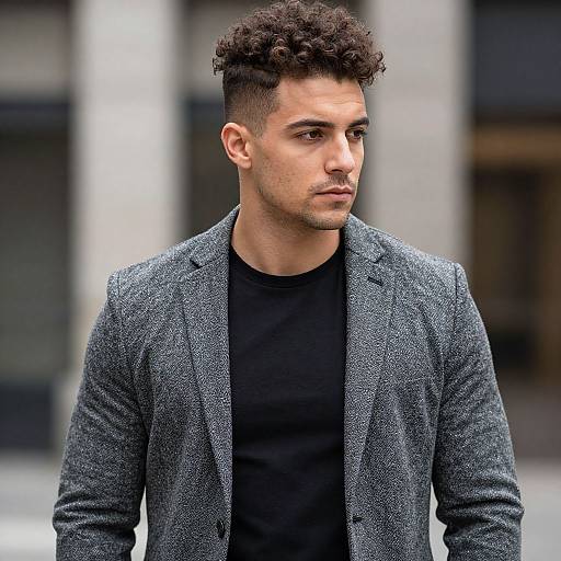 Young Man with Curly Hair in Gray Blazer and Black Shirt Urban Portrait