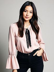 Contemporary Casual Woman Wearing Blush Pink Blouse with Round Neckline and Bell Sleeves
