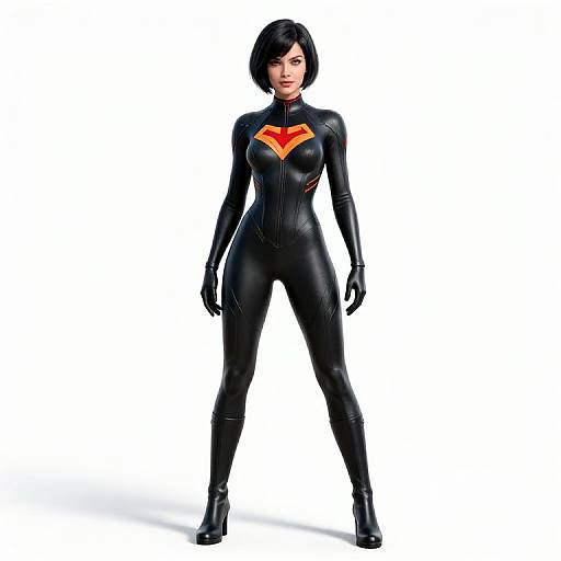 Futuristic Woman in Black Superhero Bodysuit with Red Emblem