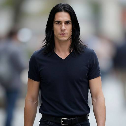 Confident Young Man with Long Black Hair in Black V-Neck T-Shirt