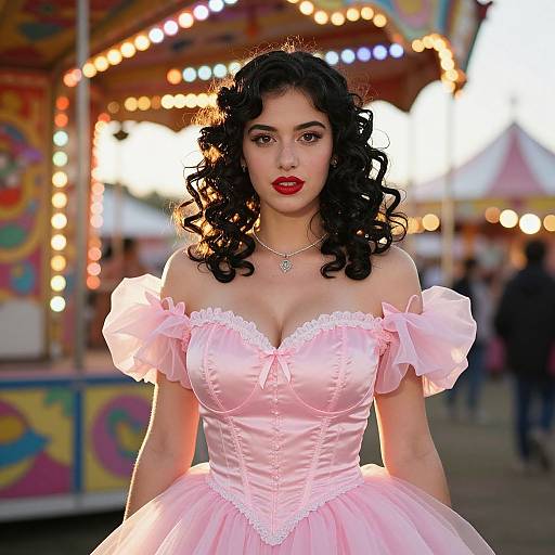 Woman in Pink Satin Dress at Carnival Carousel