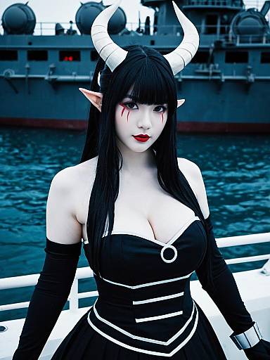 Oni Cosplay Woman on Battleship Deck with Water Background