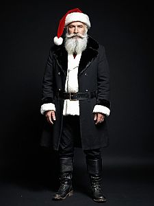 Modern Santa Claus in Black Fur-Trimmed Coat and Red Santa Hat