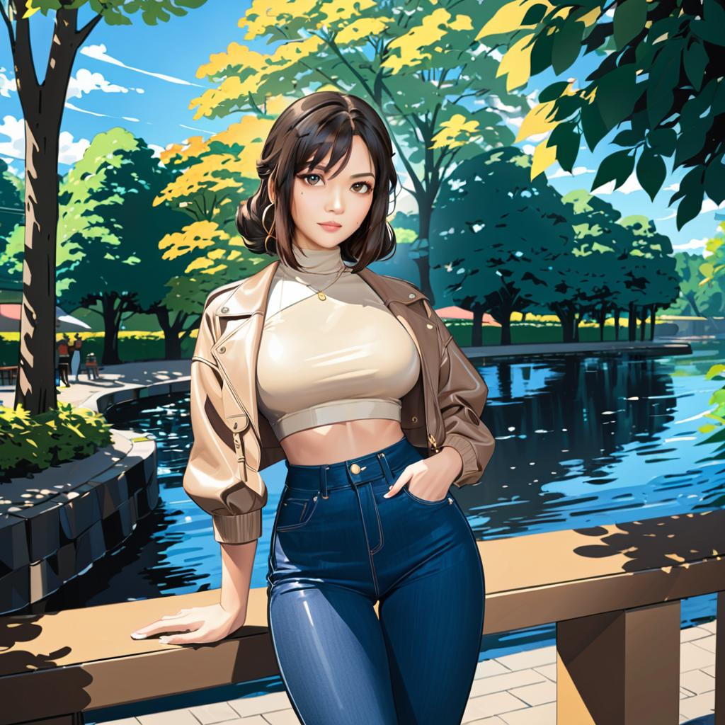 Anime-style young woman in stylish outfit by serene lake