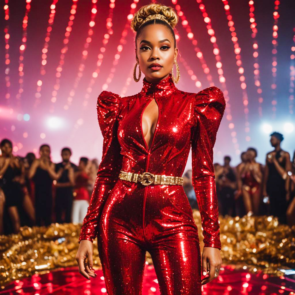 Confident Woman in Red Sequined Jumpsuit on Fashion Runway