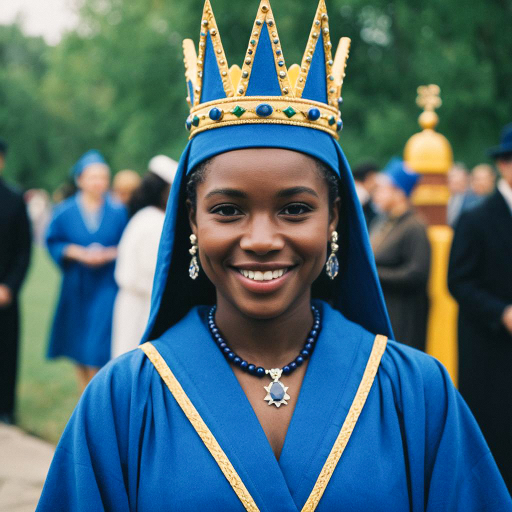 Young Woman in Royal Blue Costume with Crown Young Woman in Royal Blue Costume with Crown