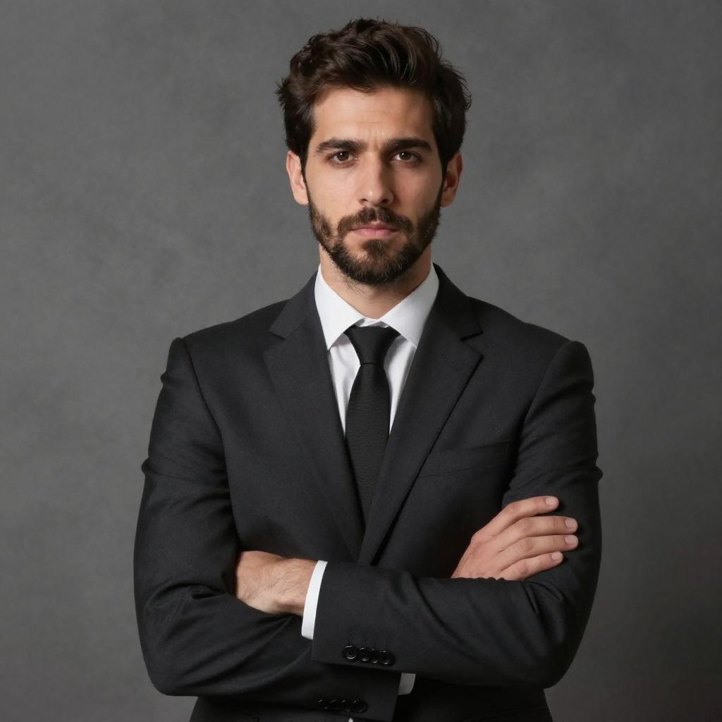 Confident Young Man in Black Suit with Arms Crossed