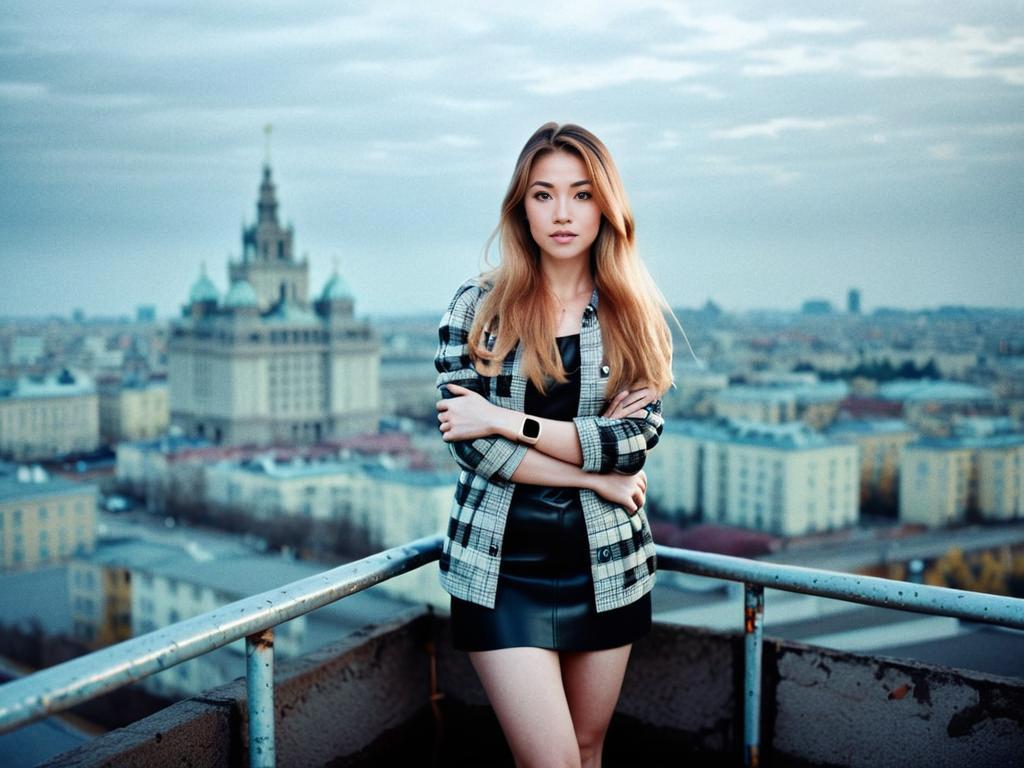 Confident Woman on Rooftop with Cityscape