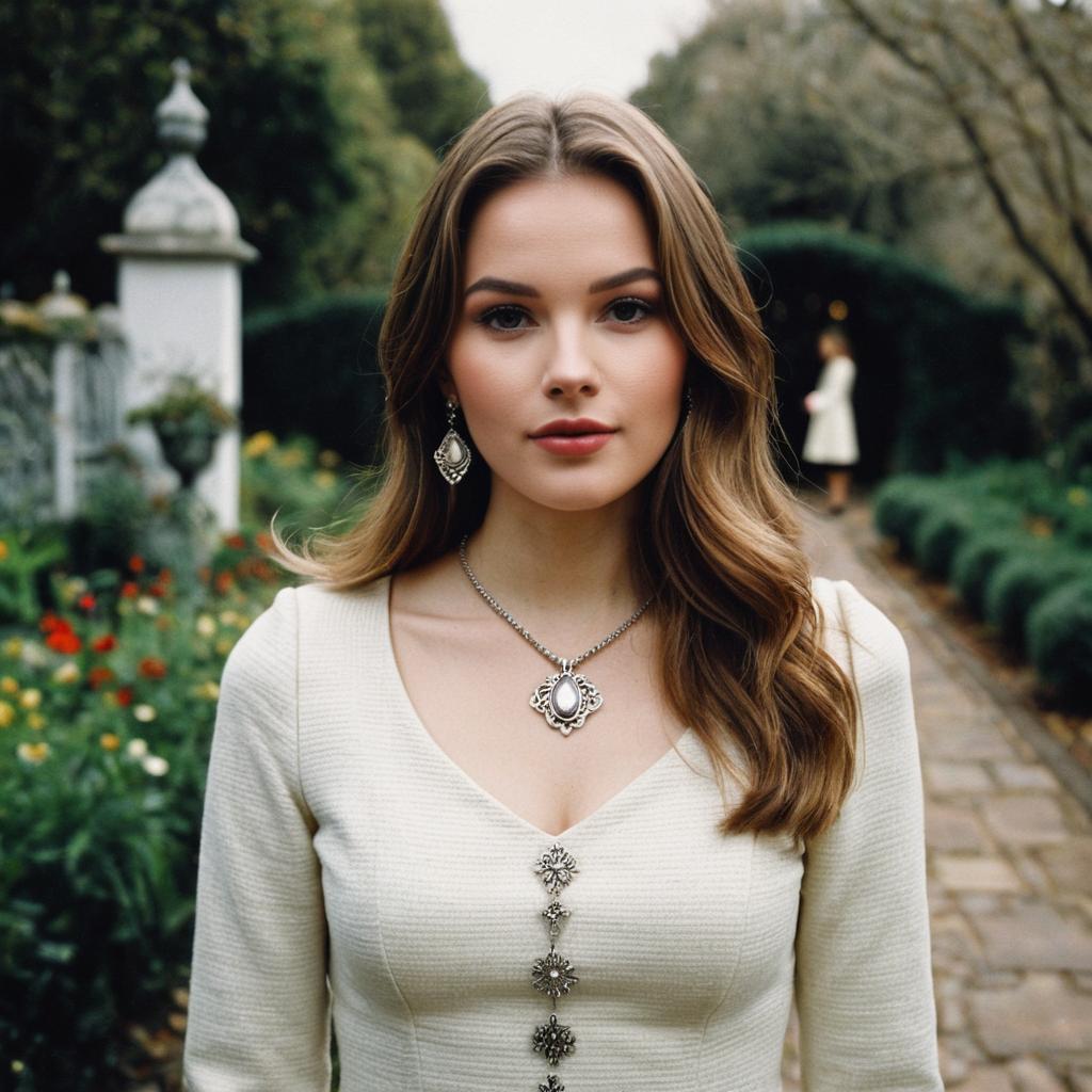 Elegant Woman in Cream Dress with Silver Jewelry in Garden