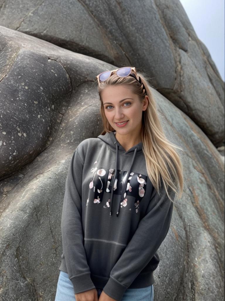 Confident Young Woman in Floral Hoodie at Rock Formation