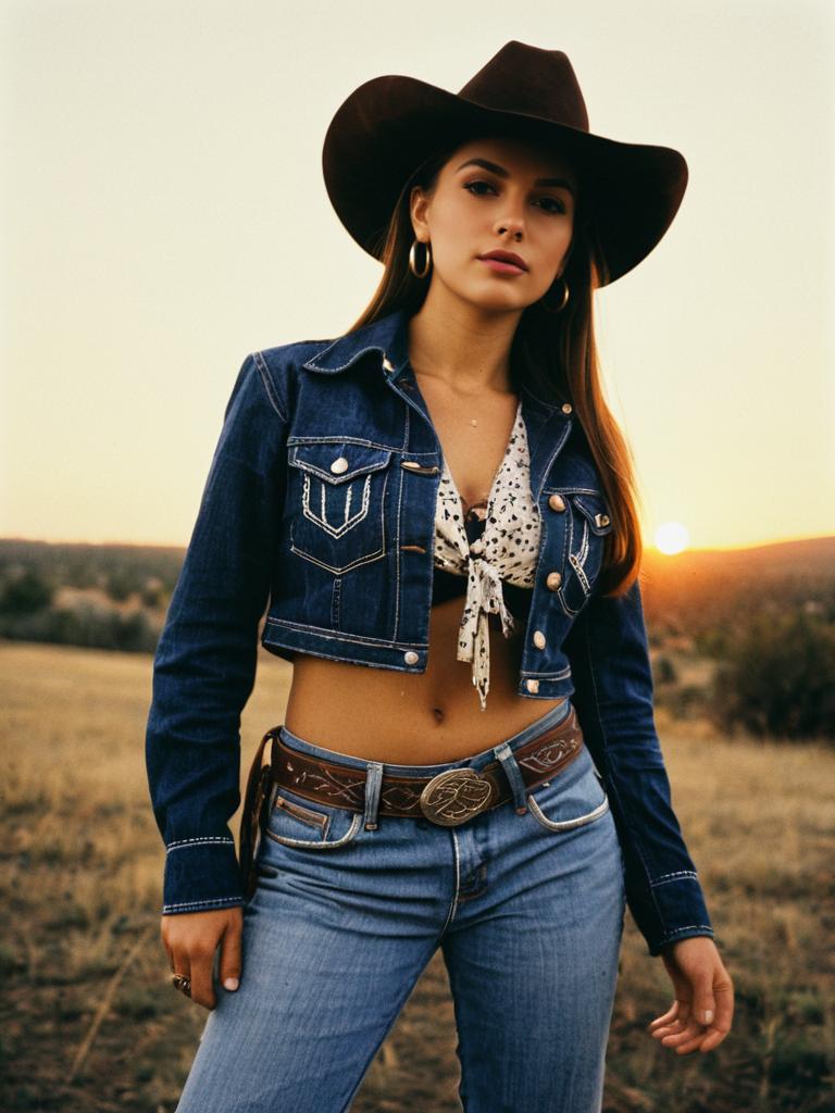 Woman in Cowgirl Outfit with Jeans Photorealistic Outdoor Portrait at Sunset