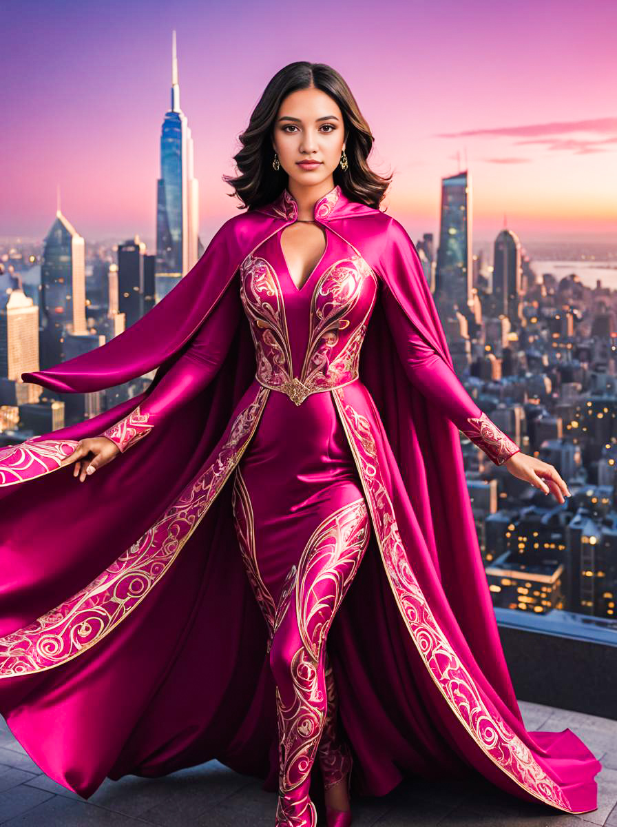 Woman in Cerise Costume Against Sunset Skyline