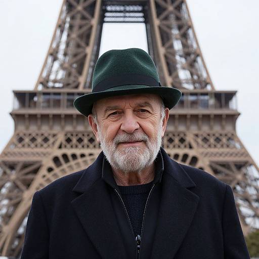 Elderly Man with Green Fedora Hat in Front of Eiffel Tower Paris