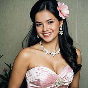 Elegant Woman in Pink Satin Gown with Floral Jewelry