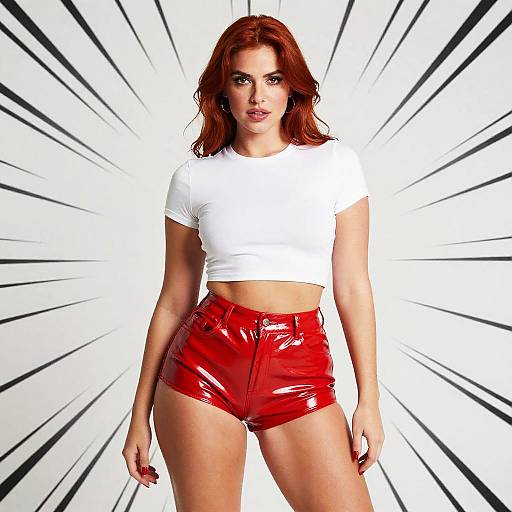 Confident Woman in White Crop Top and Red Vinyl Shorts with Comic Style Background