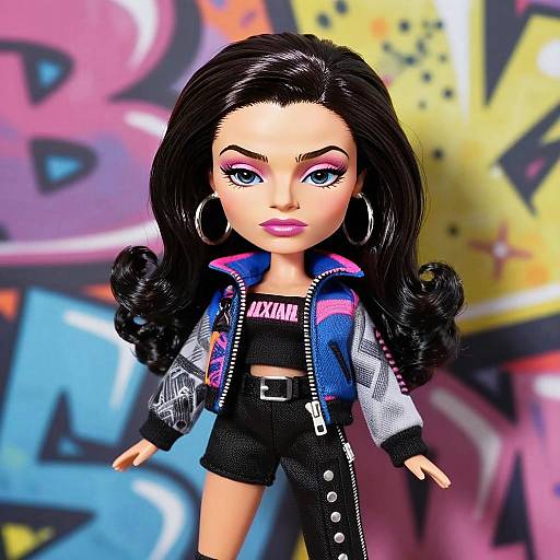 Fashion Doll in Trendy Urban Outfit with Graffiti Background