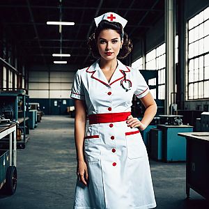 Confident Woman in Vintage Nurse Uniform in Industrial Setting