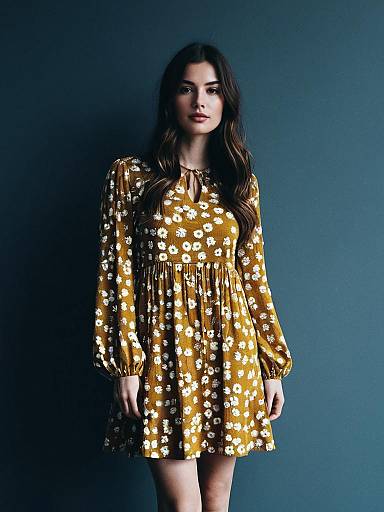 Woman in Casual Boho Mustard A-Line Mini Dress with White Daisy Print