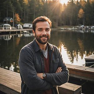 Smiling Man on Dock by Calm Lake at Golden Hour