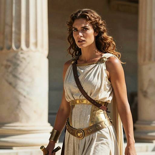 Woman in Ancient Warrior Costume with Gold Armor in Classical Setting