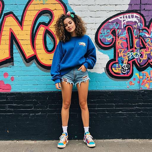 Young Woman in Urban Street Style Outfit Against Graffiti Wall