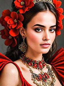 Elegant woman with gold and red floral headpiece