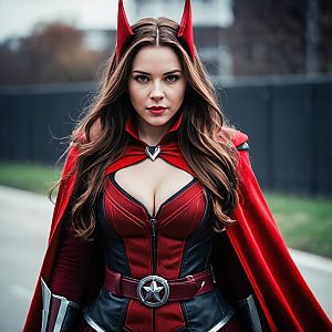 Confident Woman in Red and Black Fantasy Costume