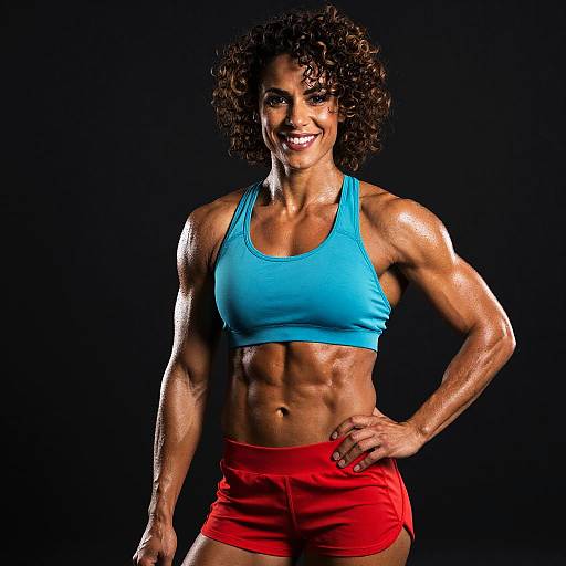 Fit Muscular Woman in Blue Sports Bra and Red Shorts