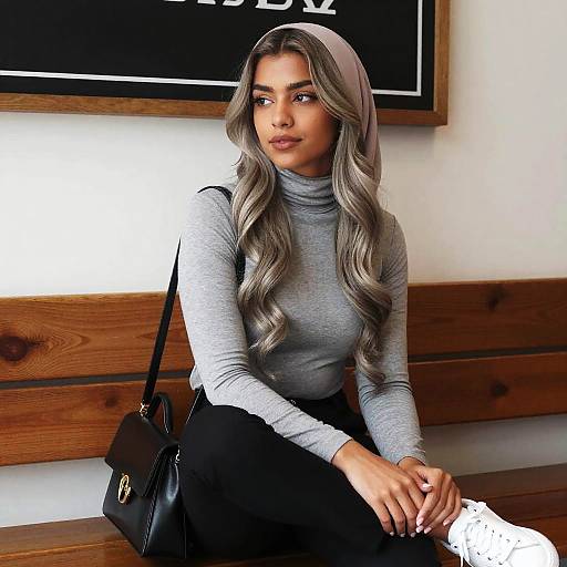 Stylish Woman in Grey Turtleneck and Black Pants Sitting on Wooden Bench
