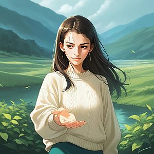 Young Woman by River in Sweater